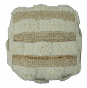 Beige and Ivory Geometrical Stripes Design Fringed wool and jute Pouf