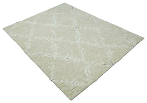Beige and Ivory Traditional Hand Knotted 8x10 Geometrical Pattern Wool Area Rug