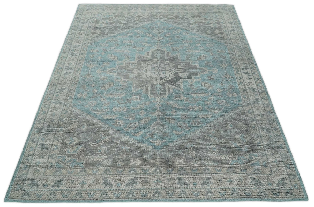 Blue and Gray Antique Finish Distressed Hand Knotted Traditional wool Area Rug