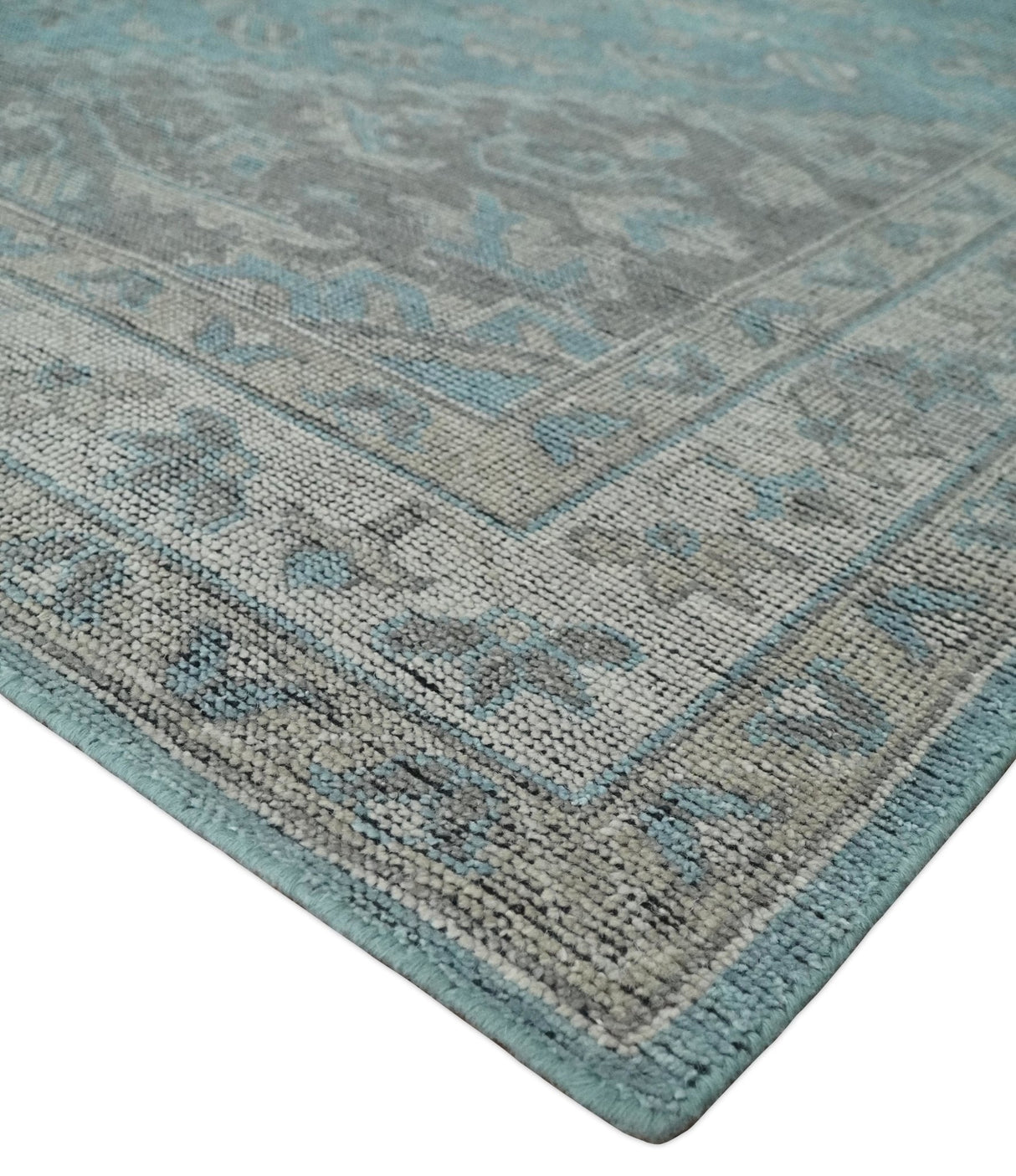 Blue and Gray Antique Finish Distressed Hand Knotted Traditional wool Area Rug