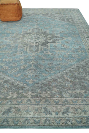 Blue and Gray Antique Finish Distressed Hand Knotted Traditional wool Area Rug