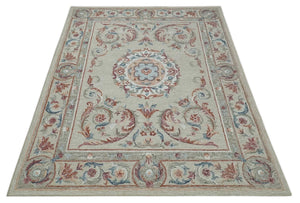 Beige, Brown and Blue Hand Tufted floral Aubusson design 8x10 wool Area Rug