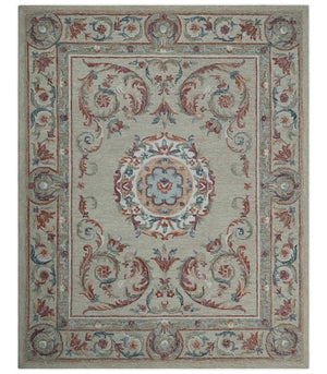 Beige, Brown and Blue Hand Tufted floral Aubusson design 8x10 wool Area Rug