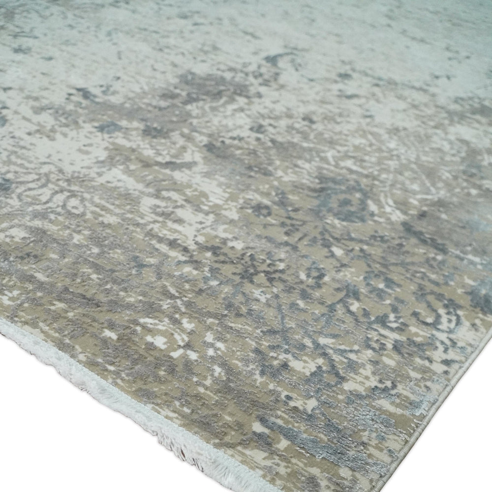 3x5 Beige, Brown and Silver Antique Finish Silk Area Rug
