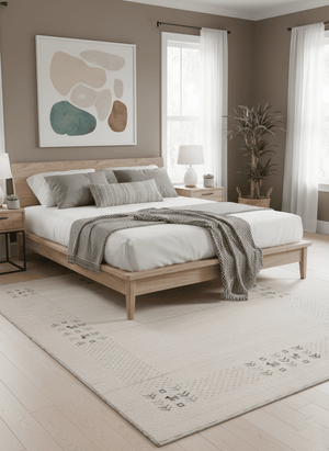 Beige Contemporary Solid Border Design Hand Loomed Wool Area Rug