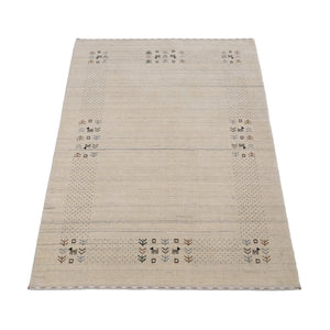 Beige Contemporary Solid Border Design Hand Loomed Wool Area Rug