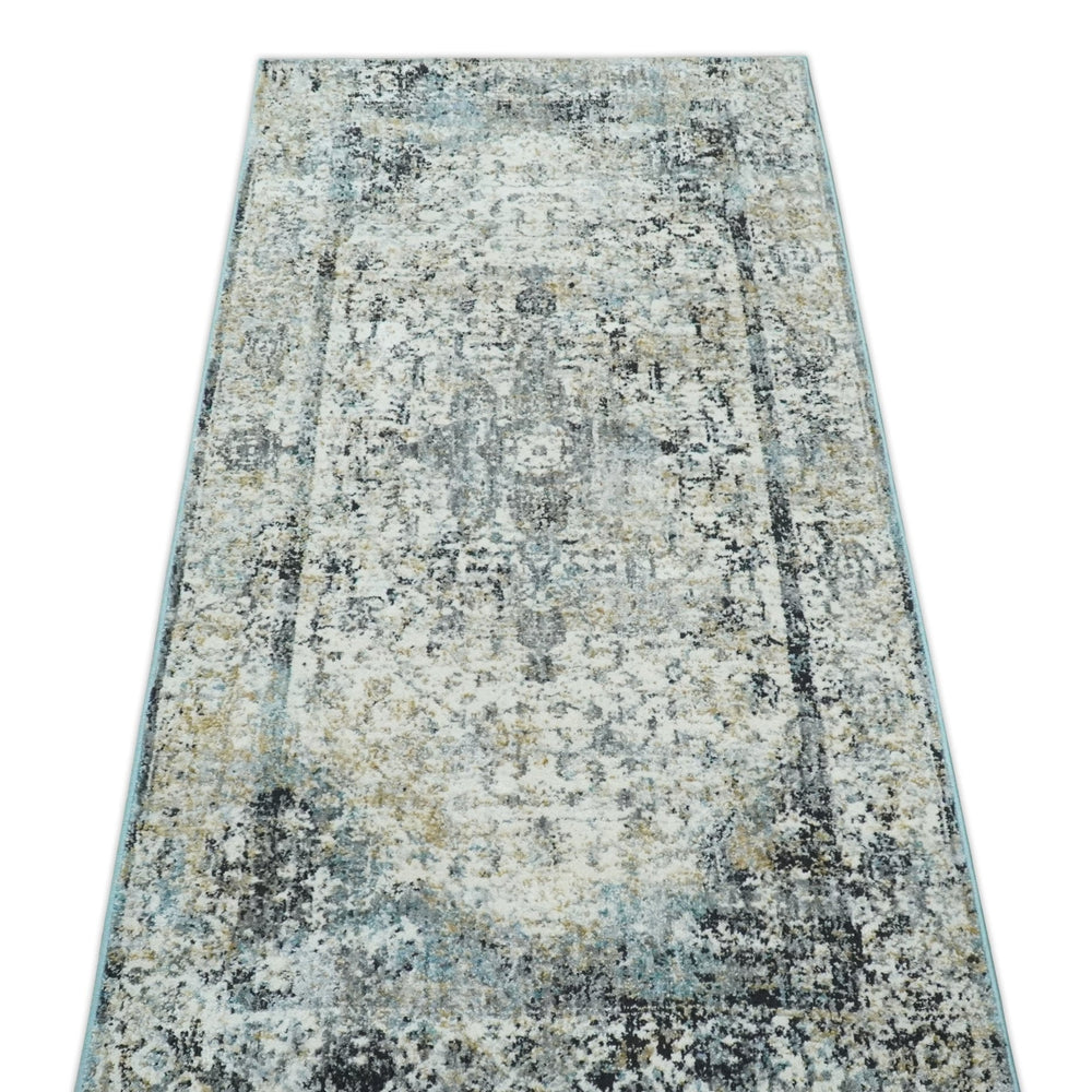 Beige, Olive and Gray and Black Antique Finish Vintage Art Silk Area Rug