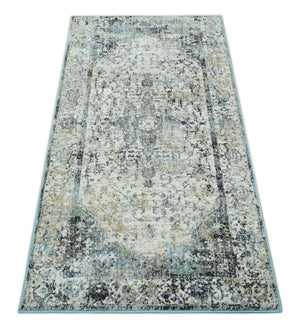 Beige, Olive and Gray and Black Antique Finish Vintage Art Silk Area Rug