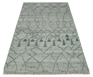 Custom Made Hand Knotted Beige And Gray Moroccan Trellis Blended Wool Rug