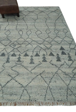 Custom Made Hand Knotted Beige And Gray Moroccan Trellis Blended Wool Rug