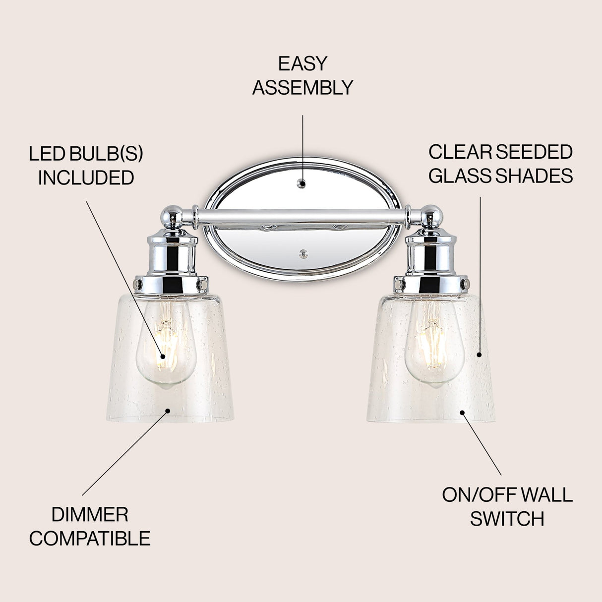 Beverly 2 - light iron/seeded glass classic cottage led vanity light - Tuesday Morning - Bathroom Vanity Lights