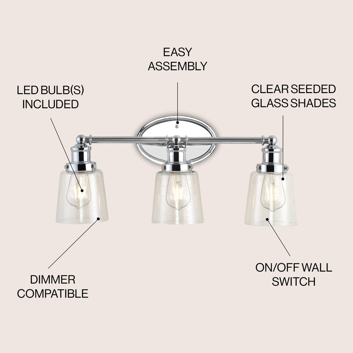 Beverly 3 - light iron/seeded glass classic cottage led vanity light - Tuesday Morning - Bathroom Vanity Lights