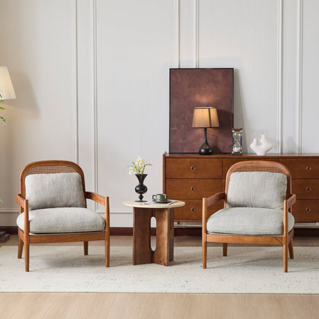 Elliston Rattan Backrest Solid Wood Accent Chair with Cushions, Set of 2