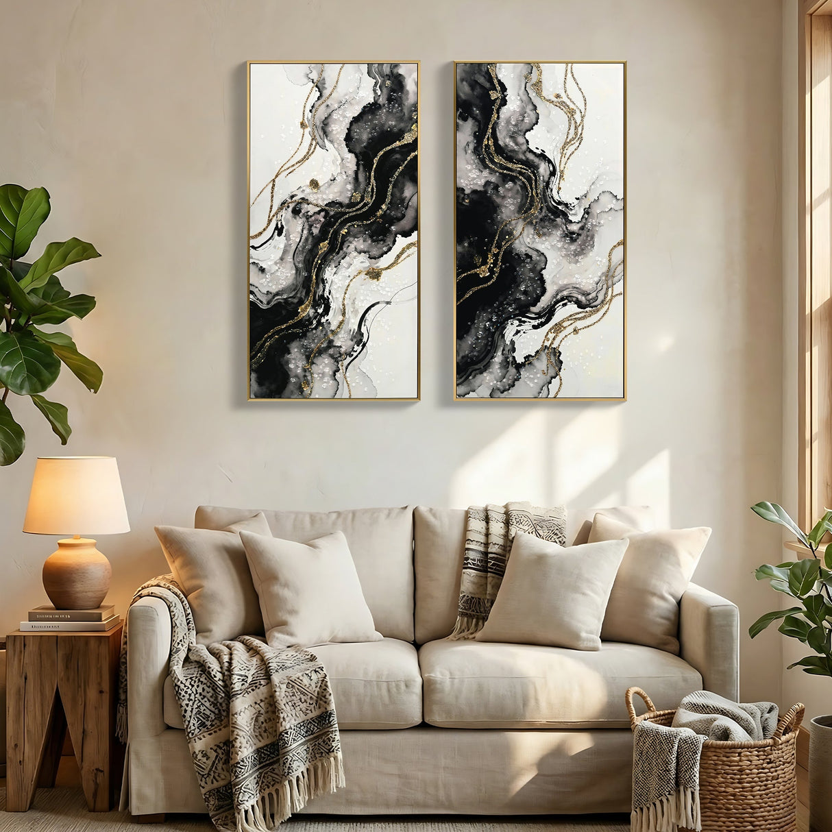 Large Black and White Abstract Wall Art Set of 2