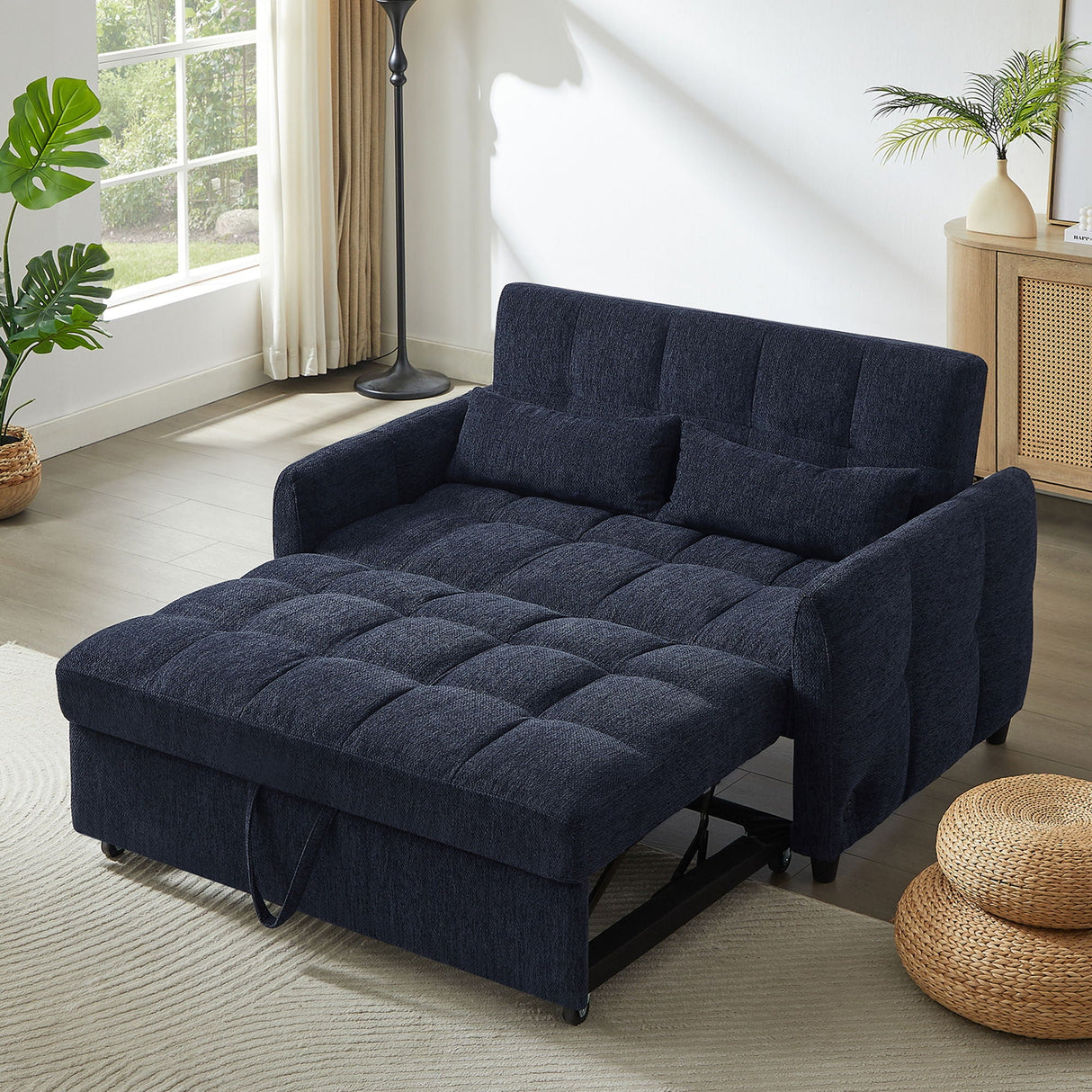 Loveseat Sofa Pull-Out Bed With Adjustable Backrest, 3 USB Ports And 2 Lumbar Pillows For Living Room