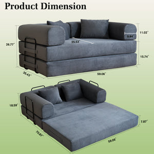 59" Convertible Sleeper Sofa Bed with Cylindrical Pillow - Gray