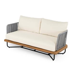 Lucca Outdoor 6 Seaters Acacia Wood and Rope Woven Patio Conversation Set
