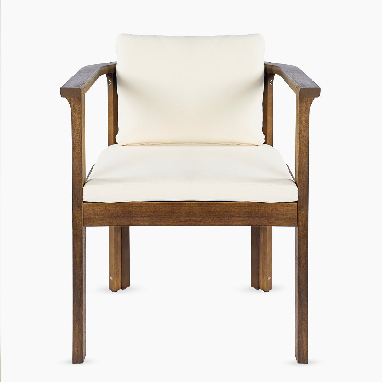 Outdoor Dining Chair Set of 2 with Curved Acacia Wood Arms, Brown Finish and Cream Cushions