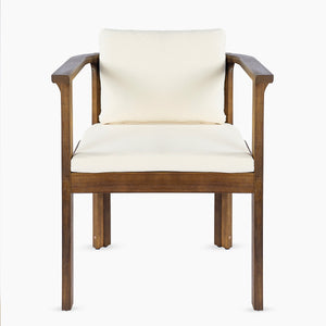 Outdoor Dining Chair Set of 2 with Curved Acacia Wood Arms, Brown Finish and Cream Cushions