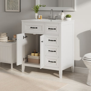 30" White Bathroom Vanity with Ceramic Sink