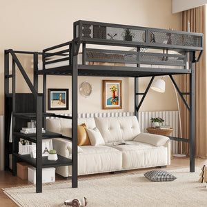 Twin Size Loft Bed with Stairs, Metal Full Loft Bed with Storage Shelves