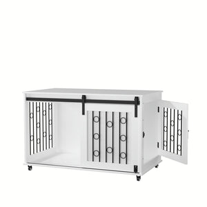 Dog Crate With Sliding Barn Door And Side Access, Lockable Wheels For Small To Medium Dogs - White