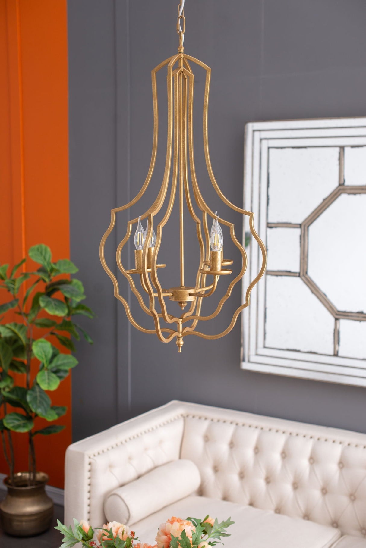4 Light Chandelier, Hanging Light Fixture With Adjustable Chain For Kitchen, Bulb Not Included - Gold