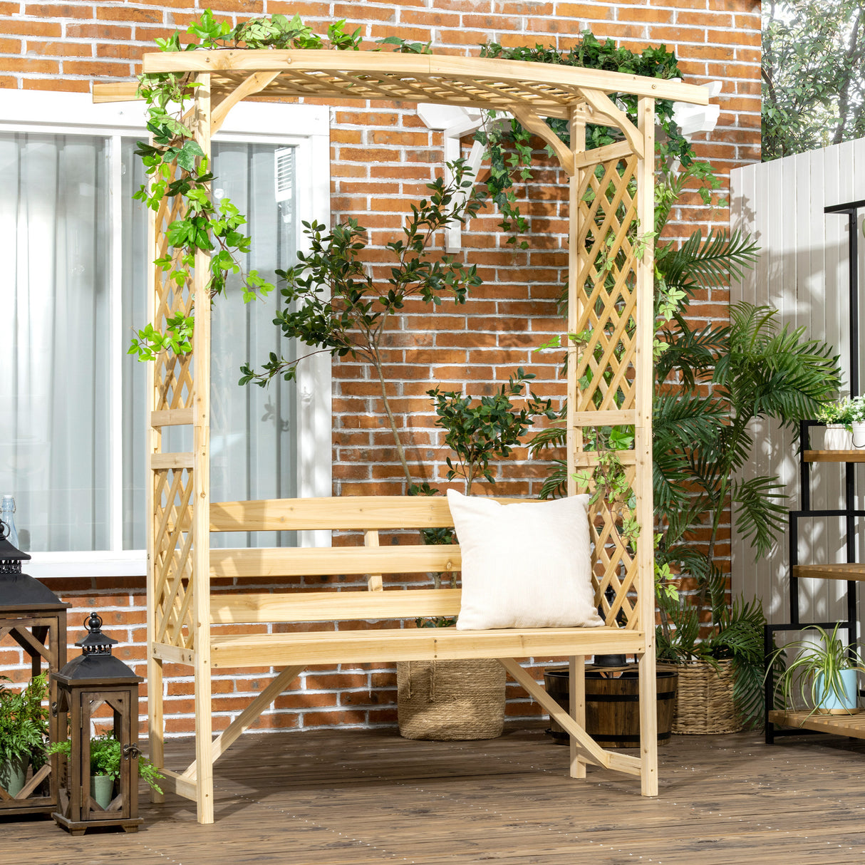 Garden-bench-arbor-arch-with-pergola-and-2-trellises,-3-seat-natural-wooden-outdoor-bench,-natural-Trellises