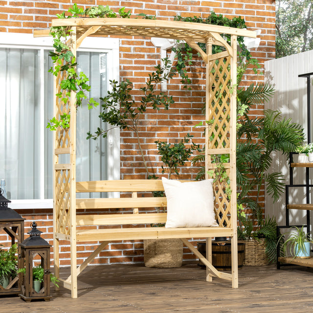 Garden-bench-arbor-arch-with-pergola-and-2-trellises,-3-seat-natural-wooden-outdoor-bench,-natural-Trellises
