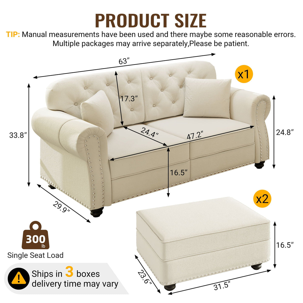 Upholstered Sofa Set With Nailhead Trim and Rolled Armrests, Includes Pillows