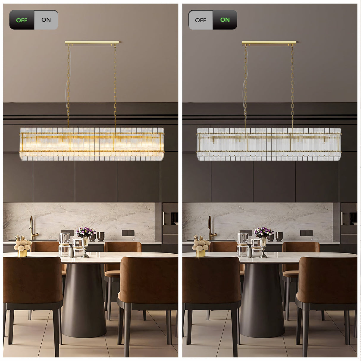 Modern Rectangular Crystal Glass Chandelier, 10-Lights Glod Chandelier Lighting Contemporary Pendant Ceiling Light Fixture for Dining Room Living Room Kitchen Island