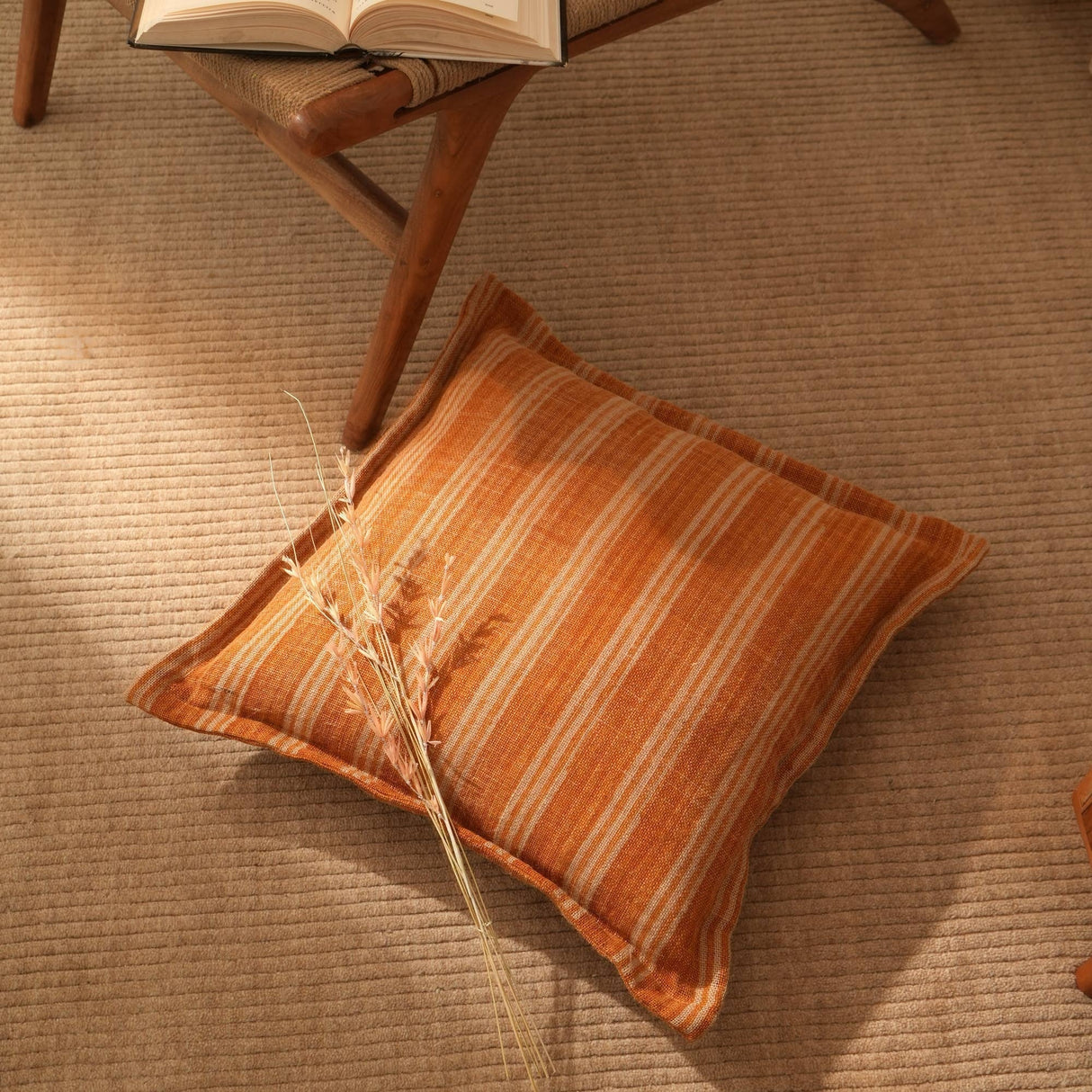 Double-Sided Stripe Throw Pillow – 20 x 20 Inch Orange Jute & Cotton