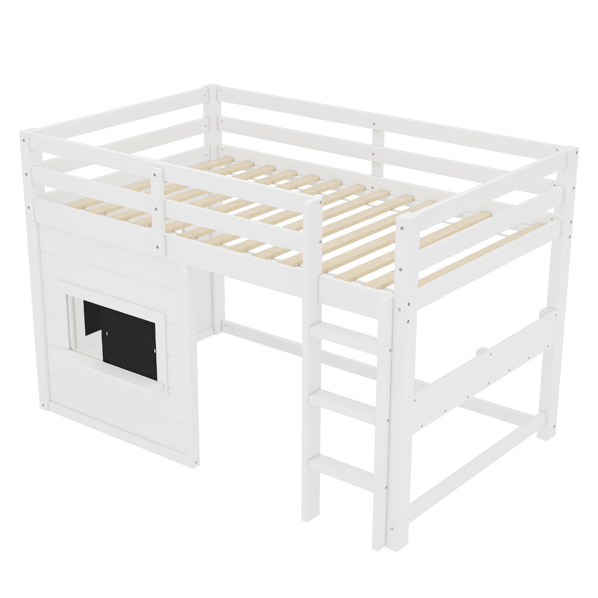 Twin Size Loft Bed With Sliding Chalkboard & Bookshelf
