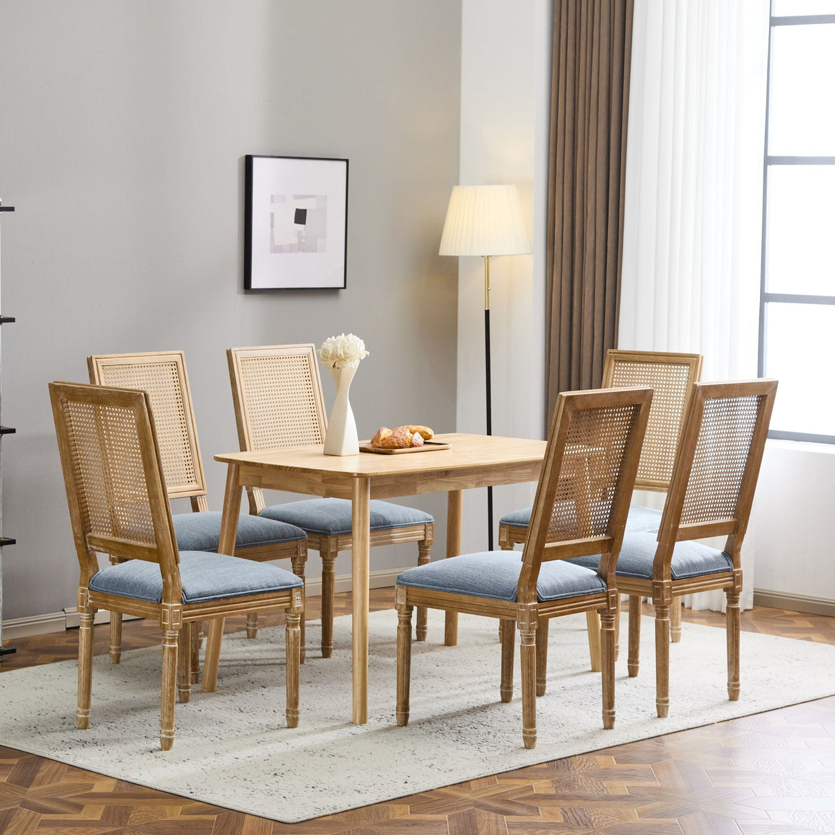 French Country Dining Chair With Rectangular Cane Backrest And Smooth Upholstered Seating