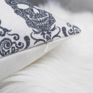 Gothic Damask Skull Throw Pillow – Black & White Cotton Linen