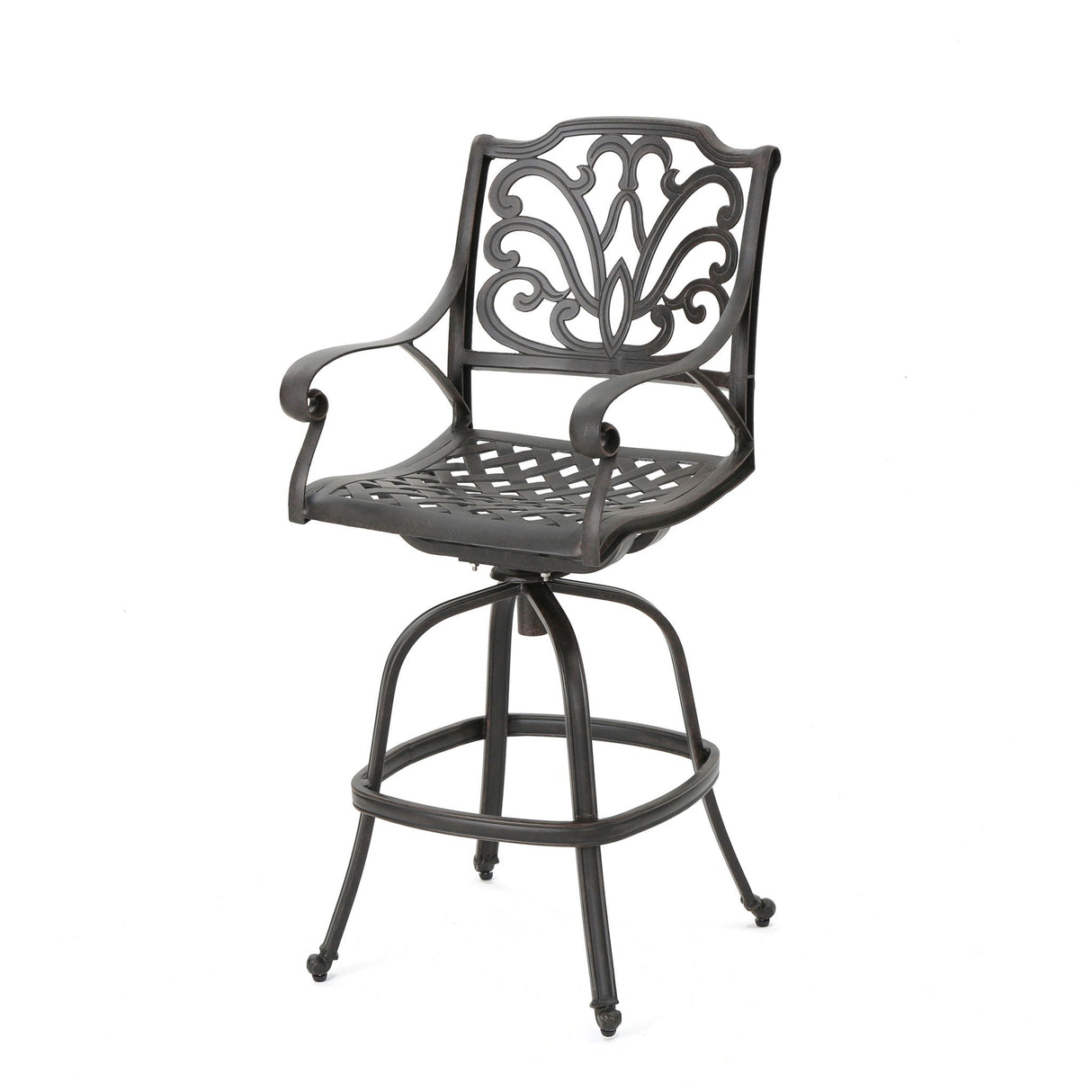 Outdoor Cast Aluminum Swivel Bar Stool with Scrolled Arms - Bronze