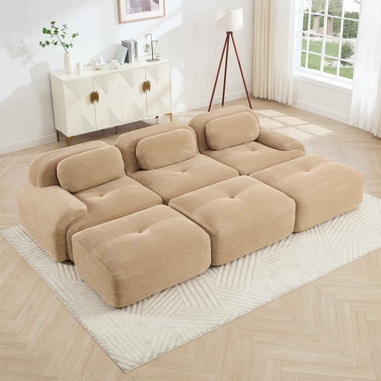 Three-Seat Modular Sofa With 3 Ottomans – Camel
