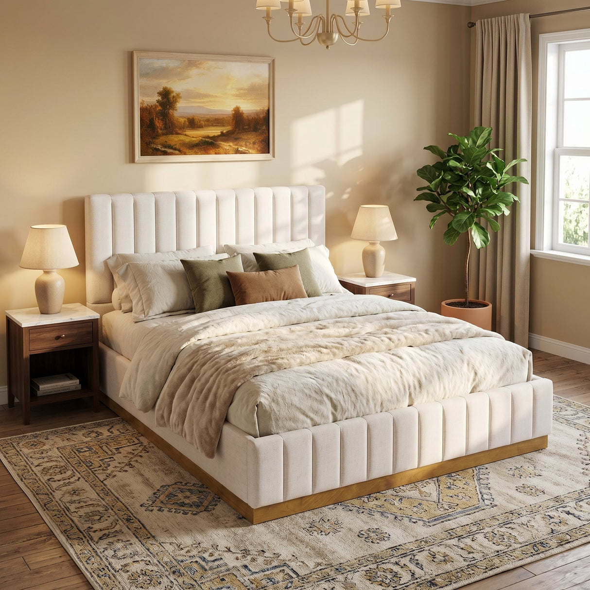 Queen Size Bed Frame With Linen Upholstery