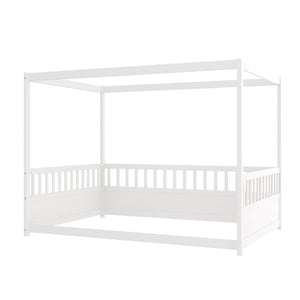 Full Size Canopy Bed Frame with Guardrails for Kids
