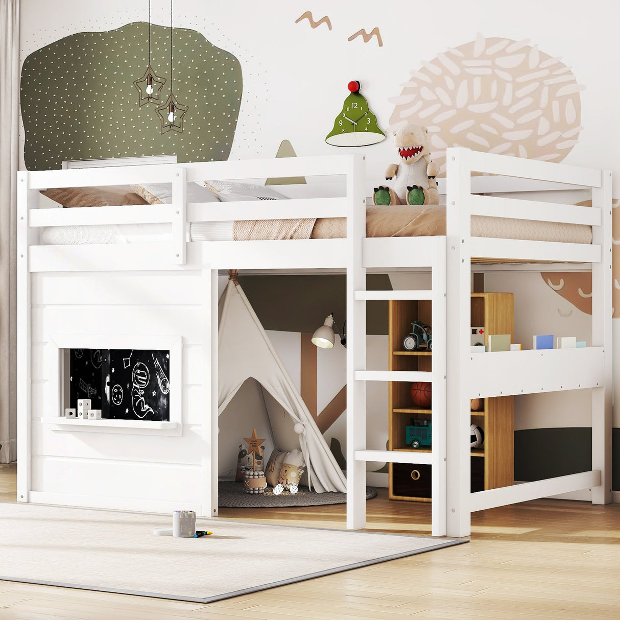 Twin Size Loft Bed With Sliding Chalkboard & Bookshelf