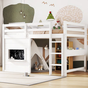Twin Size Loft Bed With Sliding Chalkboard & Bookshelf