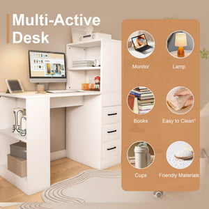 White Computer Desk with 4-in-1 Socket and Storage Options
