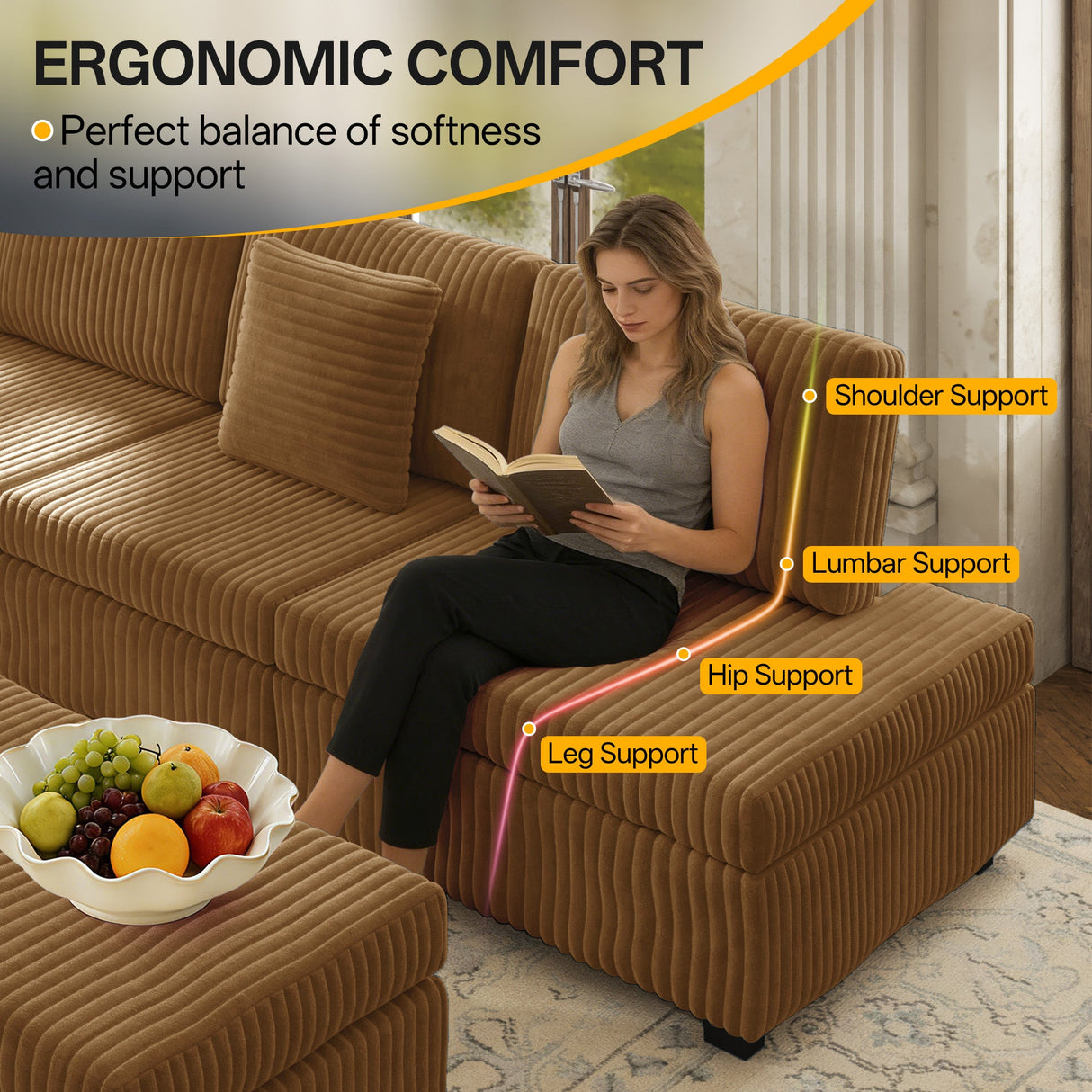 110.2" L-Shaped Sectional Sofa Set with Removable Ottoman in Camel