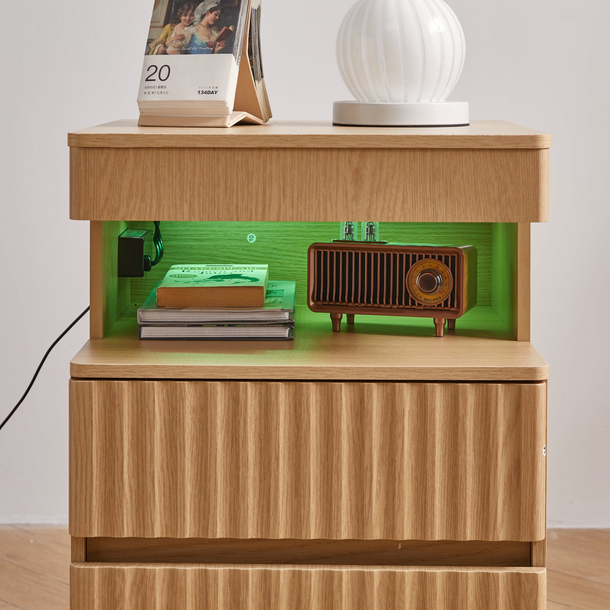 Modern Bedside Table with Gun Drawer,Bedside Table with Charging Station