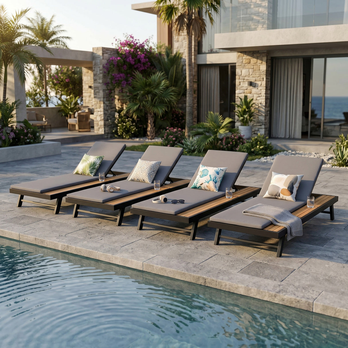 Black Iron + Teak Finish Outdoor Chaise Lounge Set