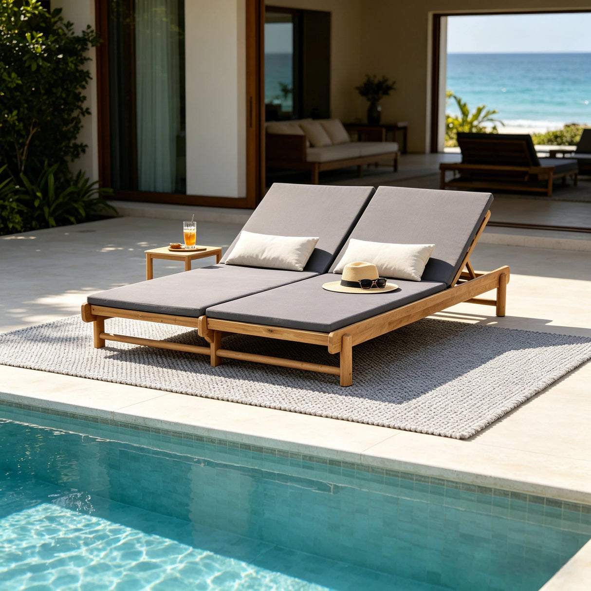 Light Teak Acacia Wood Double Chaise Lounger Set