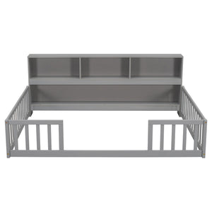 Floor Bed With Side Bookcase, Shelves, Guardrails
