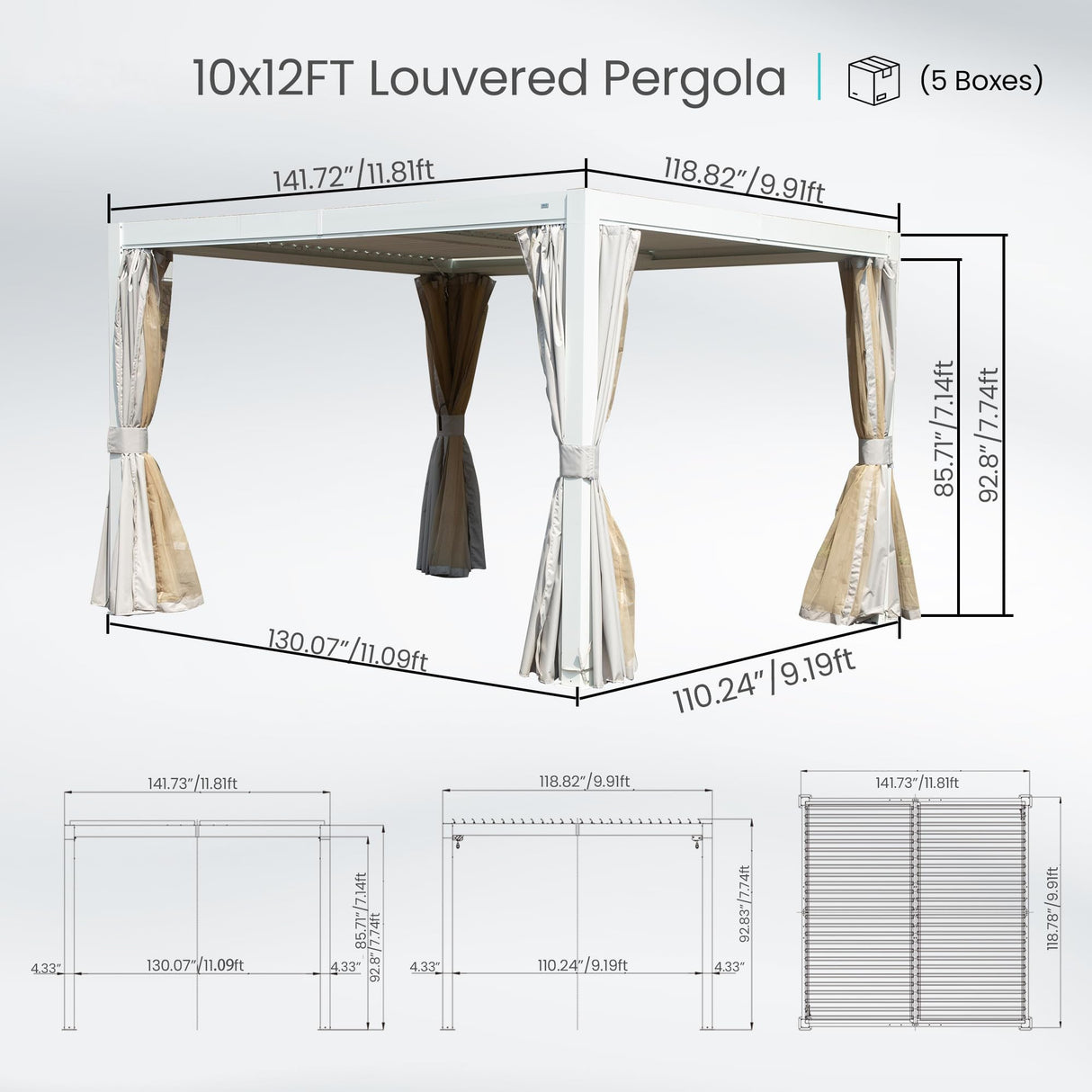 10x12 FT Outdoor Louvered Pergola with Adjustable Louvers - White