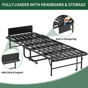 Twin Folding Bed With Adjustable Headboard & Memory Foam Mattress, Portable Coton Wheels For Tall People, Space-Saving Guest Bed - Black