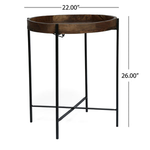 Modern Industrial Round End Table with Tray Top and Foldable Iron Legs - Natural